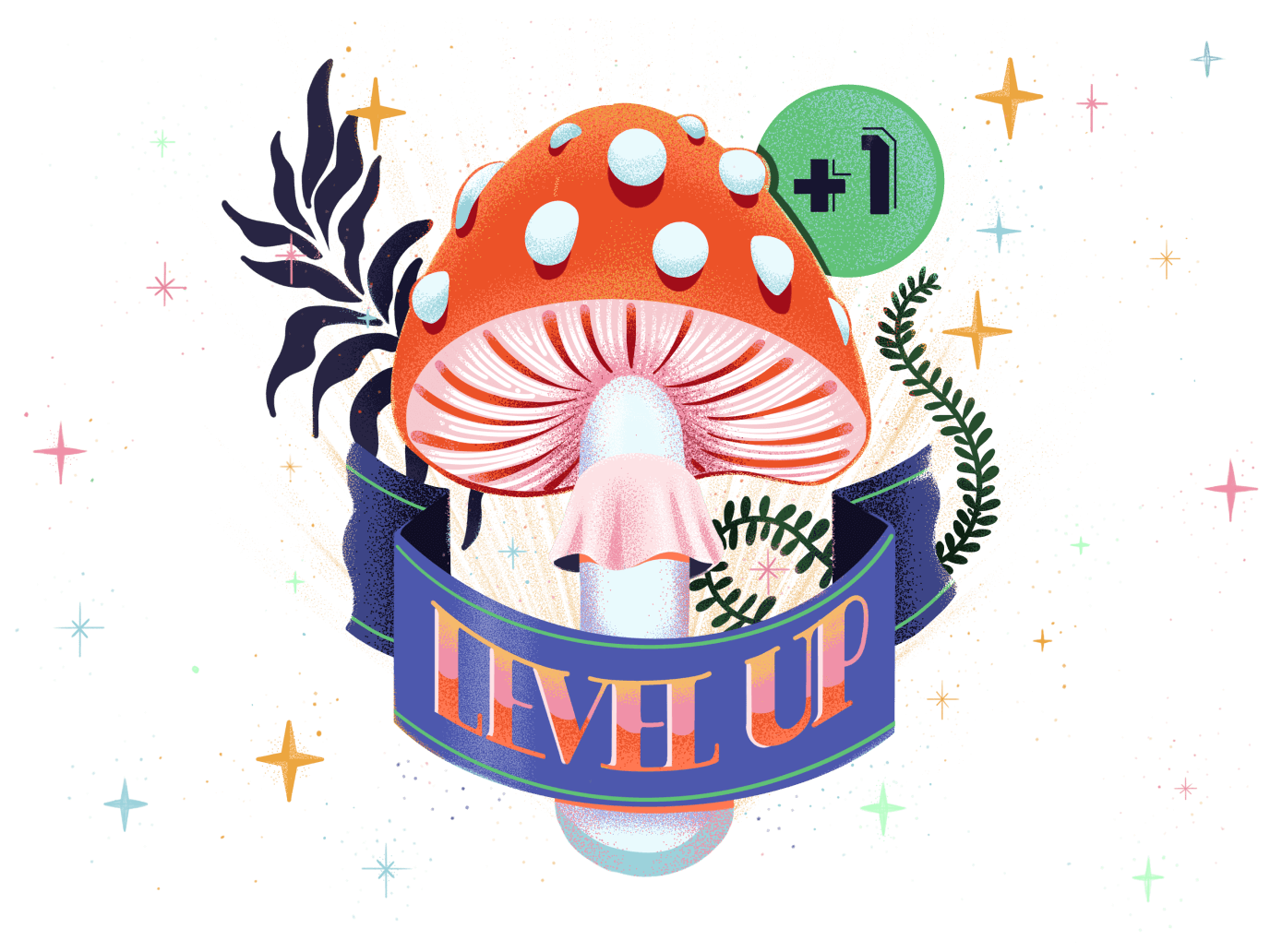 illustration of amanita muscoria mushroom with a level up label and little floating stars around it