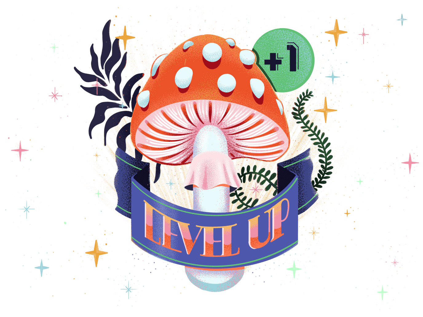 illustration of amanita muscoria mushroom with a level up label and little floating stars around it